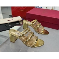 Big Discount Valentino Rockstud Heel Slides Sandal 6.5cm in Mesh and Calfskin Gold 1009039