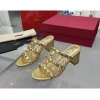 Big Discount Valentino Rockstud Heel Slides Sandal 6.5cm in Mesh and Calfskin Gold 1009039