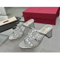 Low Cost Valentino Rockstud Heel Slides Sandal 6.5cm in Mesh and Calfskin Silver 1009040