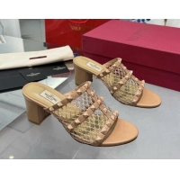 Shop Cheap Valentino Rockstud Heel Slides Sandal 6.5cm in Mesh and Nappa Leather Beige 1009041