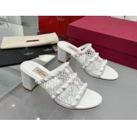 Luxurious Valentino Rockstud Heel Slides Sandal 6.5cm in Mesh and Nappa Leather White 1009042