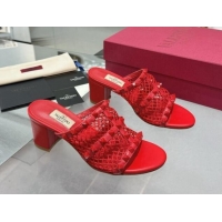 Discount Valentino Rockstud Heel Slides Sandal 6.5cm in Mesh and Nappa Leather Red 1009043