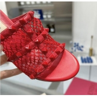 Discount Valentino Rockstud Heel Slides Sandal 6.5cm in Mesh and Nappa Leather Red 1009043