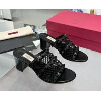 Best Price Valentino Rockstud Heel Slides Sandal 6.5cm in Mesh and Nappa Leather Black 1009044