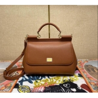 Good Quality Dolce&Gabbana Classic Medium Sicily Palm-Grained Leather Top Handle Bag 6113 Brown 2023