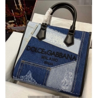 Grade Quality Dolce&Gabbana patchwork denim shopper tote bag with embroidered logo D9007 Blue 2023