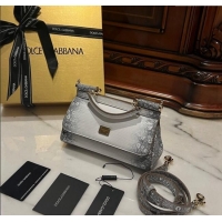 Popular Style Dolce&Gabbana Small Sicily handbag in lizard Embossed Leather D9161 White/Black 2024