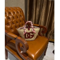 Best Price Dolce&Gabbana Flower Power Small Kendra Shopper Bag in Woven Straw 7075 Burgundy 2024