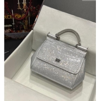 Top Grade Dolce & Gabbana Medium Sicily bag in Strass and Lizard Embossed Leather BB6112 Silver 2024