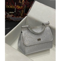 Top Grade Dolce & Gabbana Medium Sicily bag in Strass and Lizard Embossed Leather BB6112 Silver 2024