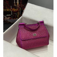 Super Quality Dolce & Gabbana Medium Sicily bag in Strass and Lizard Embossed Leather BB6112 Fuchsia Pink 2024