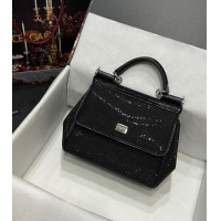 Well Crafted Dolce & Gabbana Medium Sicily bag in Strass and Lizard Embossed Leather BB6112 Black 2024