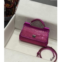 Top Design Dolce & Gabbana Small Sicily bag in Strass and Lizard Embossed Leather BB6111 Fuchsia Pink 2024