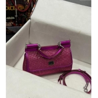 Top Design Dolce & Gabbana Small Sicily bag in Strass and Lizard Embossed Leather BB6111 Fuchsia Pink 2024