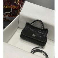 New Cheap Dolce & Gabbana Small Sicily bag in Strass and Lizard Embossed Leather BB6111 Black 2024