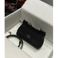 New Cheap Dolce & Gabbana Small Sicily bag in Strass and Lizard Embossed Leather BB6111 Black 2024