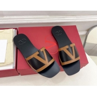 Most Popular Valentino Calfskin VLogo Flat Slides Sandal Black/Brown 1116033