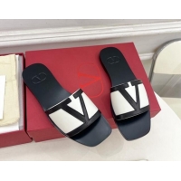 Buy Luxury Valentino Calfskin VLogo Flat Slides Sandal White/Black 116034