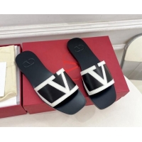 Durable Valentino Calfskin VLogo Flat Slides Sandal Black/White 116035