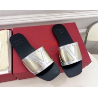 Best Price Valentino Calfskin VLogo Flat Slides Sandal Gold/Silver 1116036