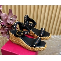 Grade Quality Valentino Roman Stud Wedge Sandals 4.5/7.5cm with Straw-Like Outsole Black 1116038