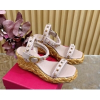 Best Grade Valentino Roman Stud Wedge Sandals 4.5/7.5cm with Straw-Like Outsole Powder Pink 116039