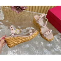 Best Grade Valentino Roman Stud Wedge Sandals 4.5/7.5cm with Straw-Like Outsole Powder Pink 116039