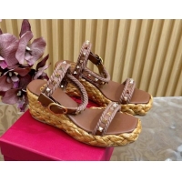 Purchase Valentino Roman Stud Wedge Sandals 4.5/7.5cm with Straw-Like Outsole Brown 116040