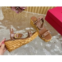 Purchase Valentino Roman Stud Wedge Sandals 4.5/7.5cm with Straw-Like Outsole Brown 116040