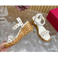 Cheap Price Valentino Roman Stud Wedge Sandals 4.5/7.5cm with Straw-Like Outsole White 1116041