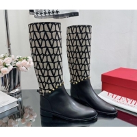 Grade Valentino Rockstud High Boots with Strap in Toile Iconographe Fabric Black 1118001