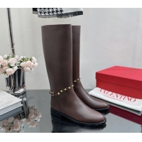 Classic Hot Valentino Rockstud Calfskin Leather High Boots with Strap Brown 1118003