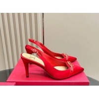 Charming Valentino The Bold Edition VLogo Satin Slingback Pumps 8cm with Strass Red 1118021