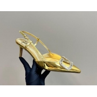 Good Quality Valentino Strass VLogo Satin Slingback Pumps 6.5cm in Patent Leather Gold 1118042