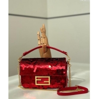 Grade Quality Fendi Baguette Mini bag Embroidered with Sequins 8601S Red 2024