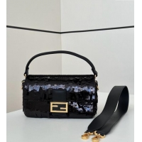 Best Price Fendi Baguette Medium bag Embroidered with Sequins 8601M Black 2024