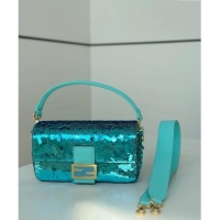 Good Quality Fendi Baguette Medium bag Embroidered with Sequins 8601M Lake Blue 2024