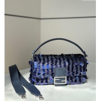 Best Grade Fendi Baguette Medium bag Embroidered with Sequins 8601M Royal Blue 2024