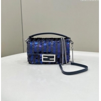 New Fashion Fendi Baguette Mini bag Embroidered with Sequins 8601S Royal Blue 2024