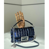 New Fashion Fendi Baguette Mini bag Embroidered with Sequins 8601S Royal Blue 2024