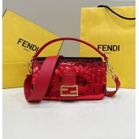 Top Grade Fendi Baguette Medium bag Embroidered with Sequins 8601M Red 2024