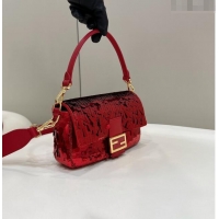 Top Grade Fendi Baguette Medium bag Embroidered with Sequins 8601M Red 2024