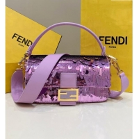 Top Grade Fendi Baguette Medium bag Embroidered with Sequins 8601M Light Purple 2024