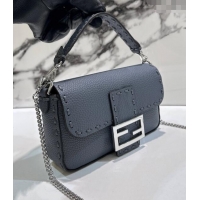 Top Design Fendi Baguette Mini Selleria bag with topstitches in Grained Calfskin 8610S Grey Blue 2024