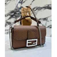 Well Crafted Fendi Baguette Mini Selleria bag with topstitches in Grained Calfskin 8610S Dark Brown 2024