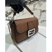 Well Crafted Fendi Baguette Mini Selleria bag with topstitches in Grained Calfskin 8610S Dark Brown 2024