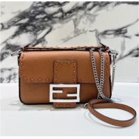 Best Product Fendi Baguette Mini Selleria bag with topstitches in Grained Calfskin 8610S Caramel Brown 2024