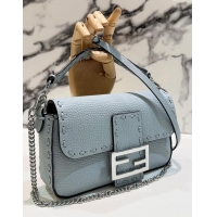 Grade Quality Fendi Baguette Mini Selleria bag with topstitches in Grained Calfskin 8610S Light Blue 2024