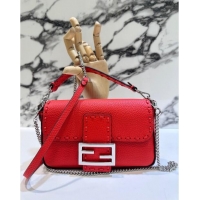 Top Design Fendi Baguette Mini Selleria bag with topstitches in Grained Calfskin 8610S Red 2024