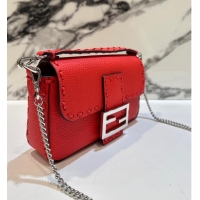 Top Design Fendi Baguette Mini Selleria bag with topstitches in Grained Calfskin 8610S Red 2024